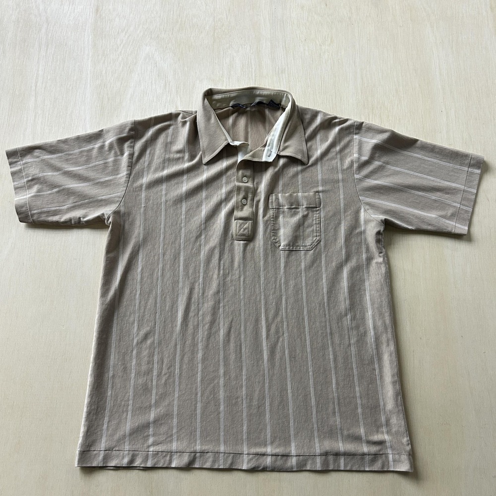 Vintage Knightsbridge Polo Shirt Mens XL Beige Stripe Cotton Blend Short Sleeve